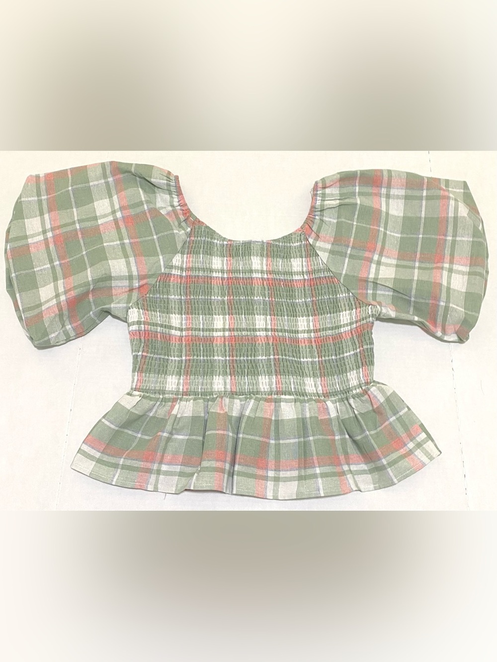 Entro Womens L Green Plaid Puff Sleeve Peplum Top Summer Preppy Fairy Feminine - Picture 8 of 15